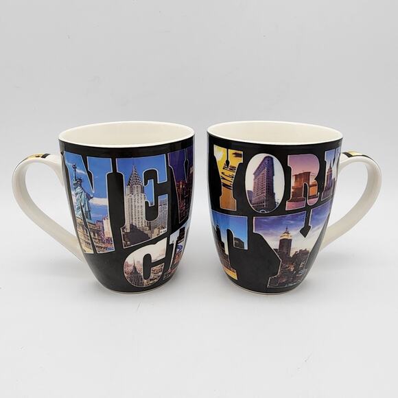 Vtg New York City Coffee Mug Cup 2 Pair Souvenir All For You Retro City Graphics - Picture 1 of 15